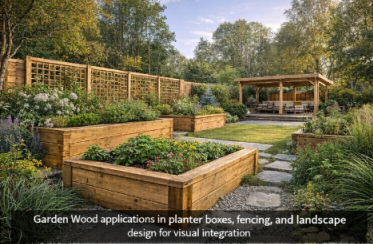 Garden Wood applications in planter boxes, fencing, and landscape design for visual integration